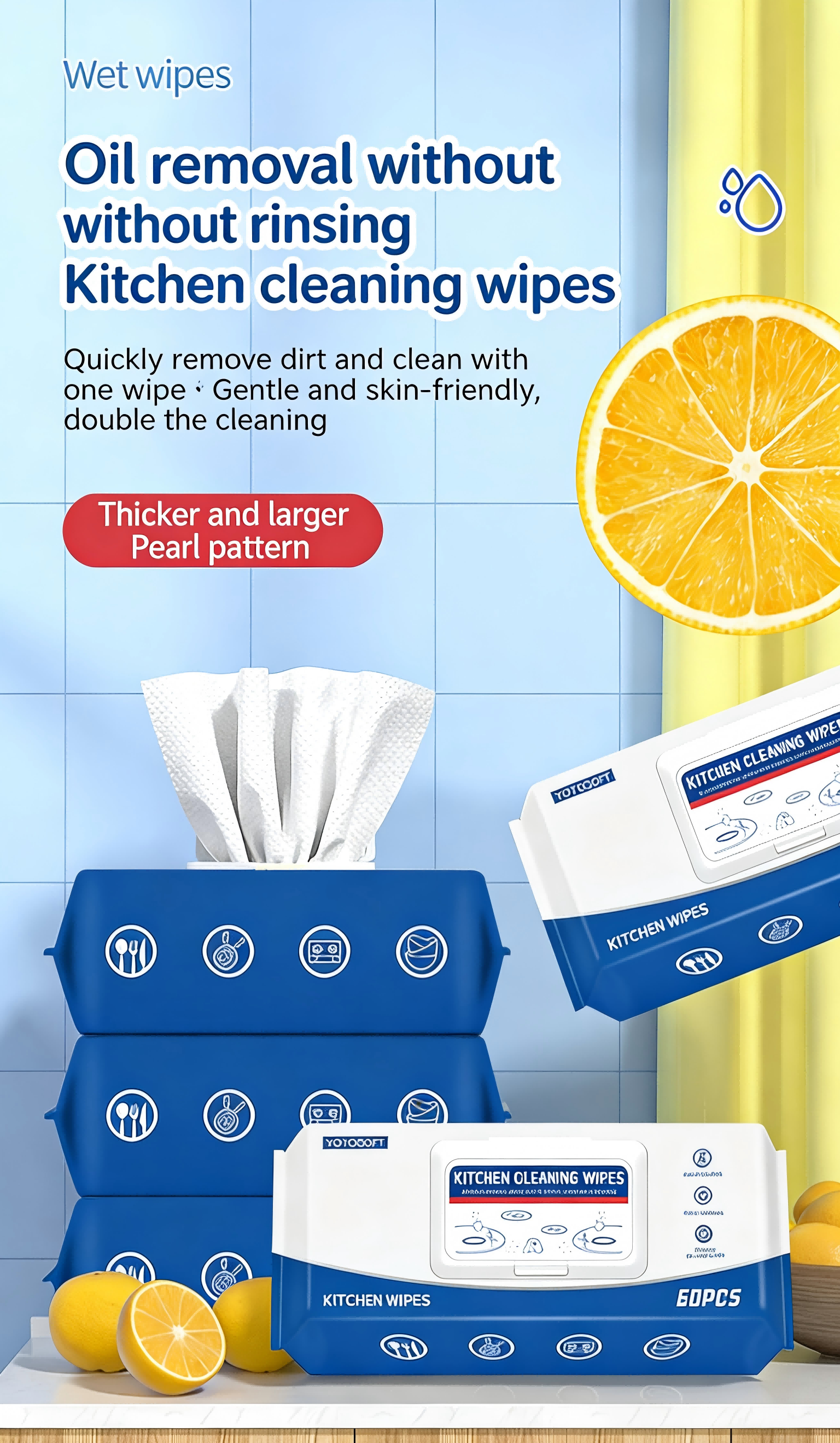 🔥 Powerful Oil-Removing Kitchen Wipes | No-Rinse Heavy Duty Cleaning Wipes for Stovetops, Pans & Dishes | 60-Count Large Pack