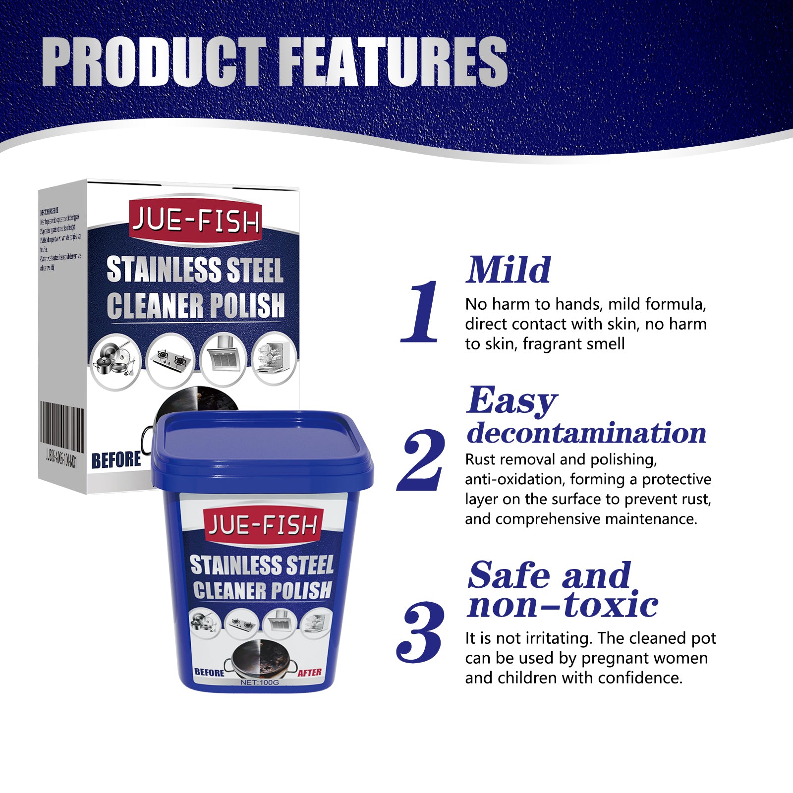 JUE-FISH Stainless Steel Cleaner Polish - Rust & Grease Remover, Food-Safe Formula