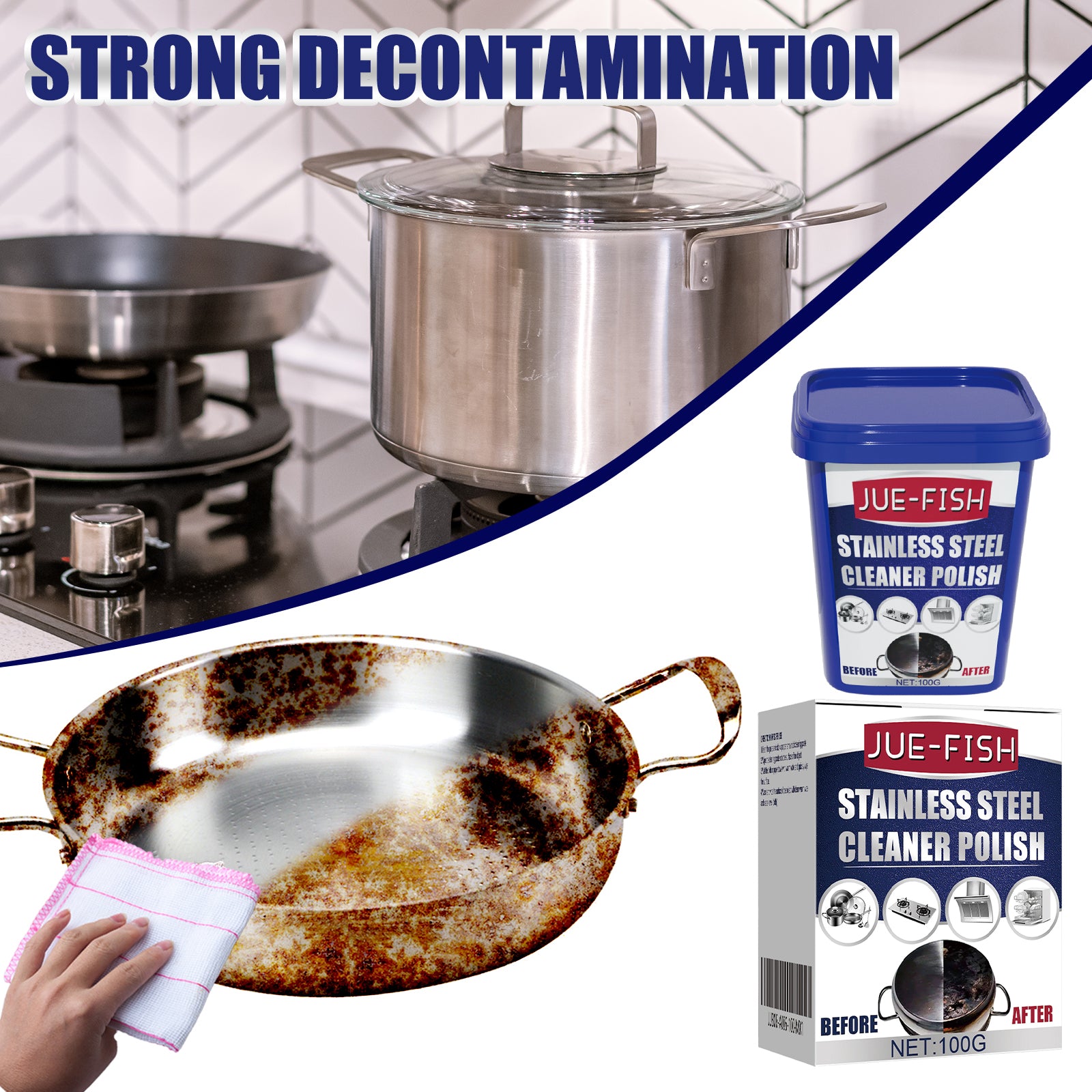 JUE-FISH Stainless Steel Cleaner Polish - Rust & Grease Remover, Food-Safe Formula