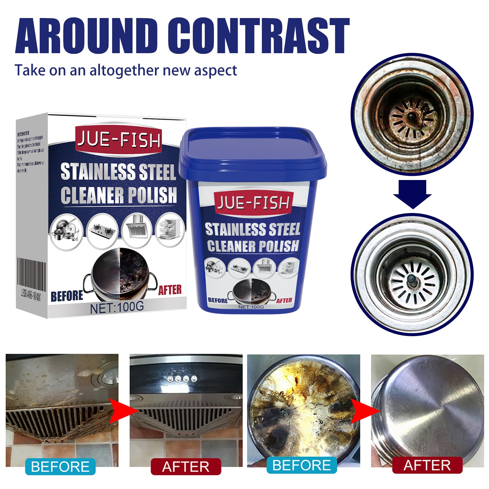 JUE-FISH Stainless Steel Cleaner Polish - Rust & Grease Remover, Food-Safe Formula