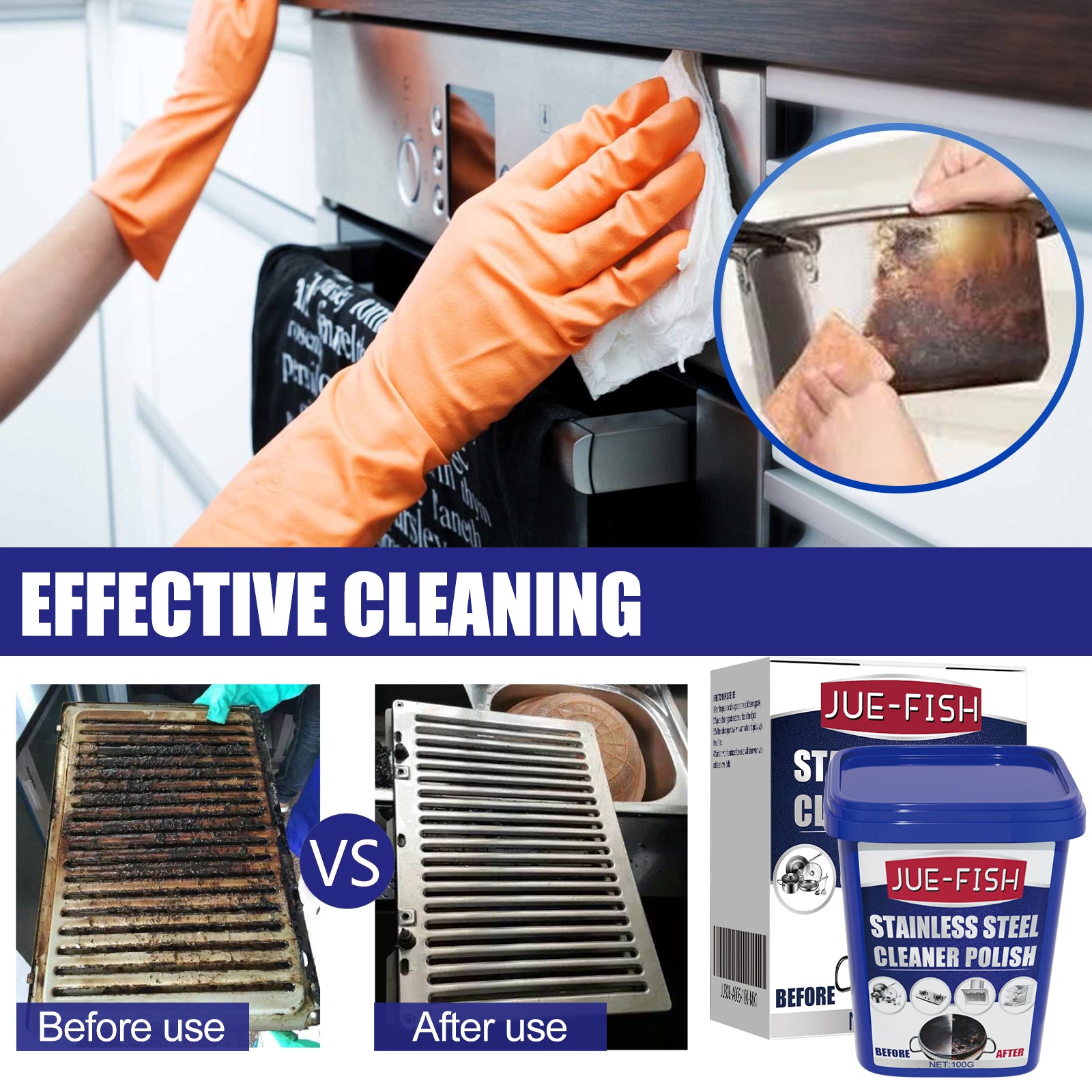 JUE-FISH Stainless Steel Cleaner Polish - Rust & Grease Remover, Food-Safe Formula