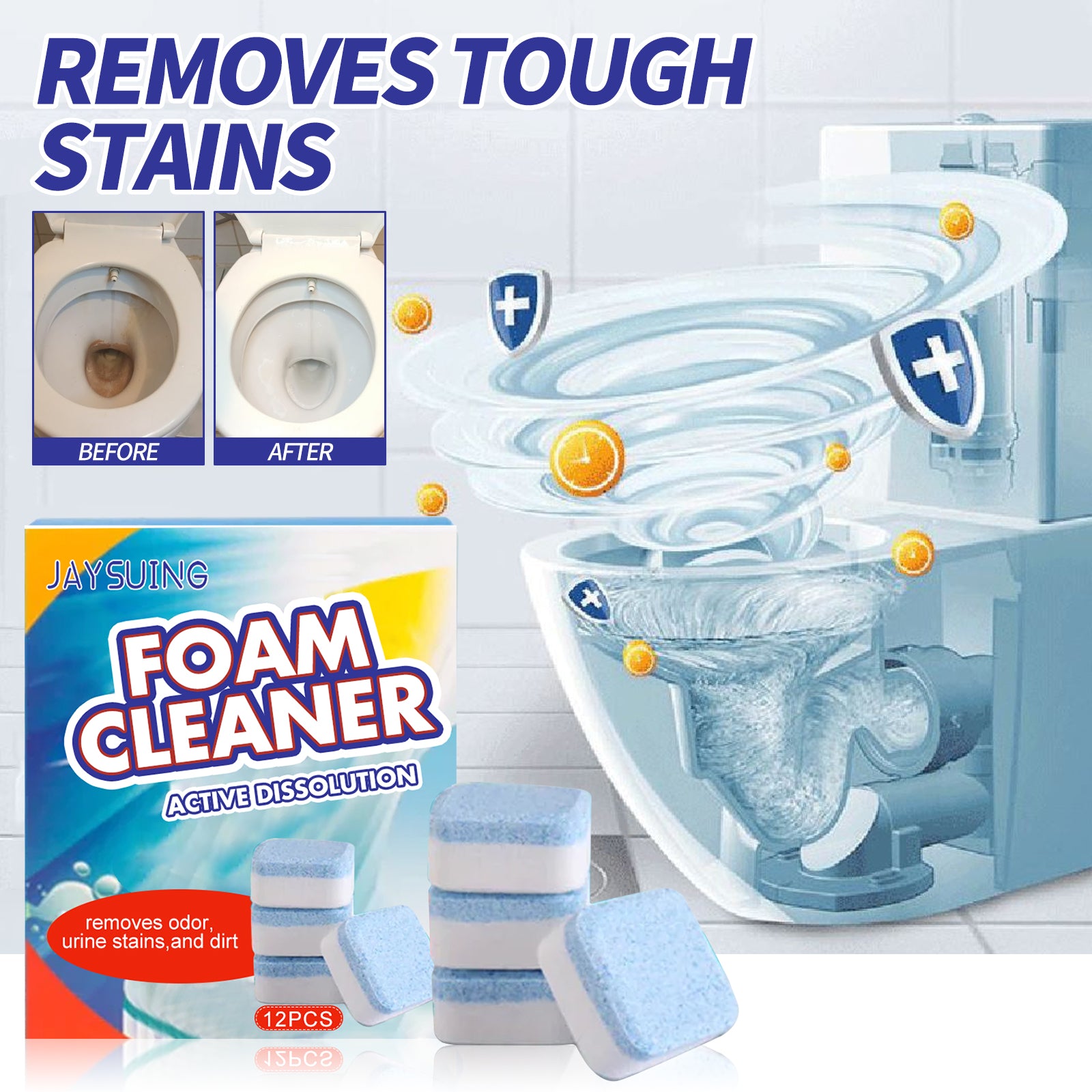 JAYSUING Toilet Cleaner Tablets (12 Per Box) | 30% OFF 4 Boxes | Shipped in 48H | Fresh Lemon Scent