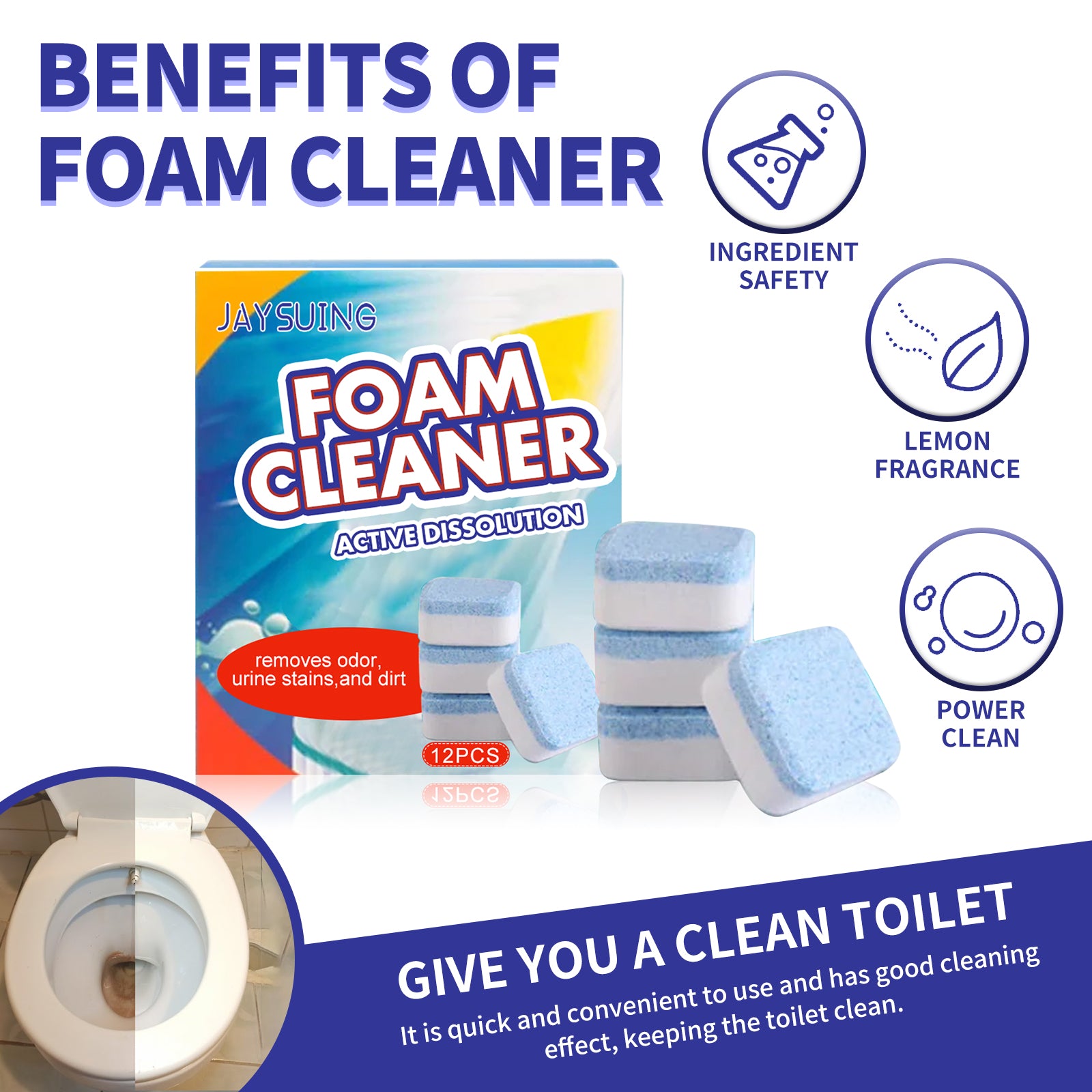 JAYSUING Toilet Cleaner Tablets (12 Per Box) | 30% OFF 4 Boxes | Shipped in 48H | Fresh Lemon Scent